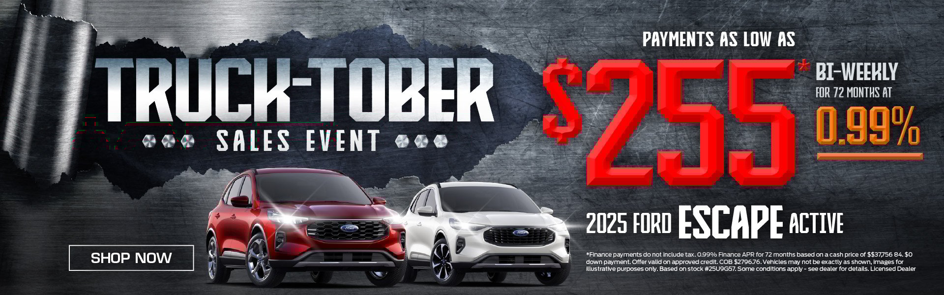 2025-10_MTF_Truck-ober-OCT_1920 × 600_Escape Promotional graphic with two Ford Escape Active models (red and white) against a steel background. Large red text reads “Payments as low as $255 bi-weekly for 72 months at 0.99%.” The Mid-Town Ford Winnipeg logo is at the bottom right.